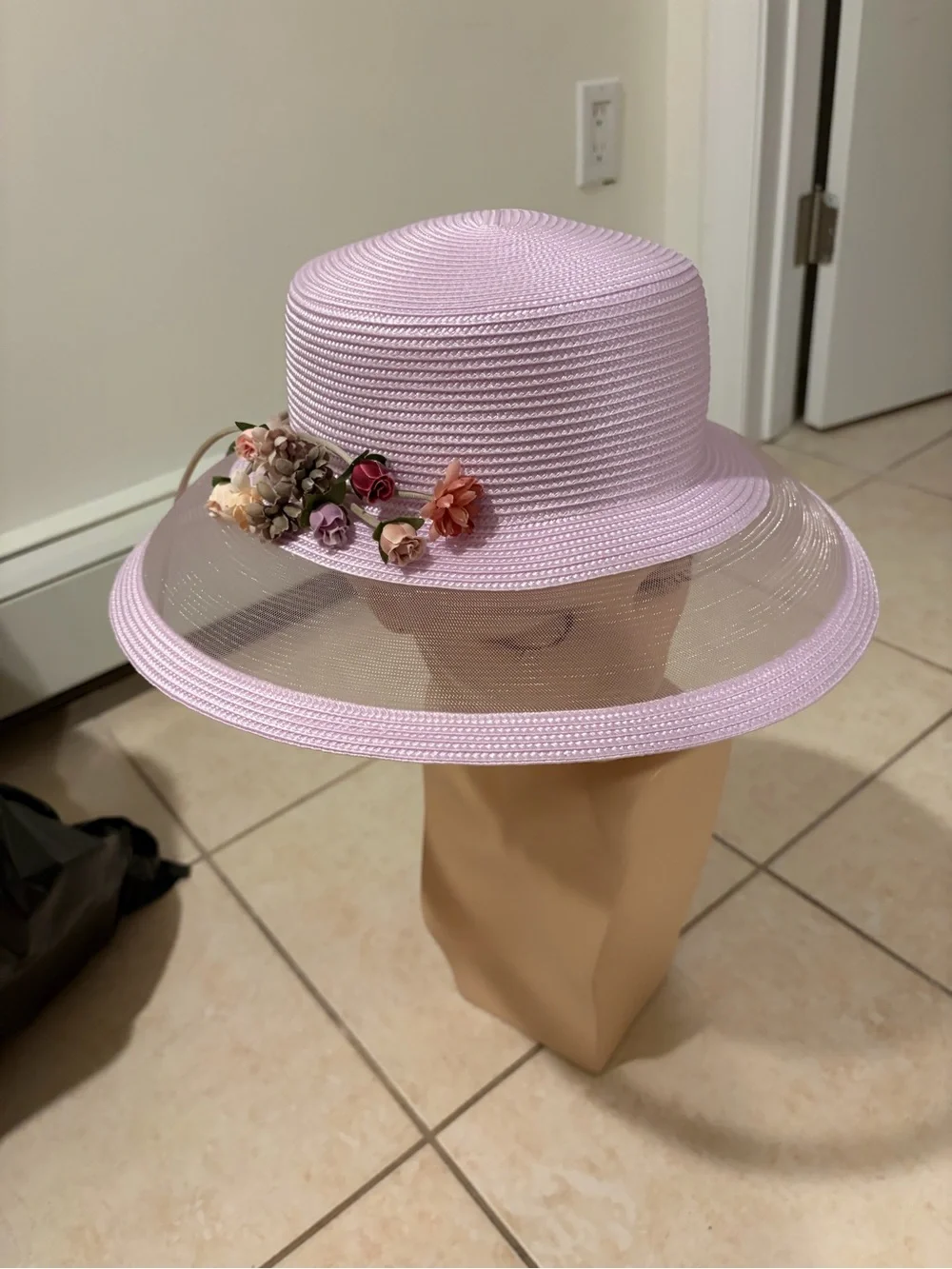 Lord & Taylor Lavender Pink Floral Wide Brim Sheer Dress Church Wedding Hat